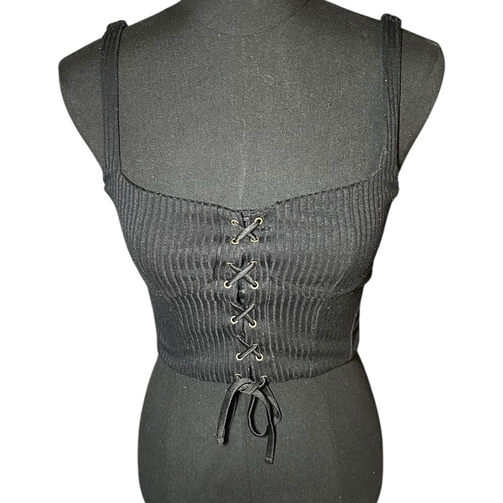 Forever 21 Black Lace-Up Ribbed Cropped Tank Top Size Small